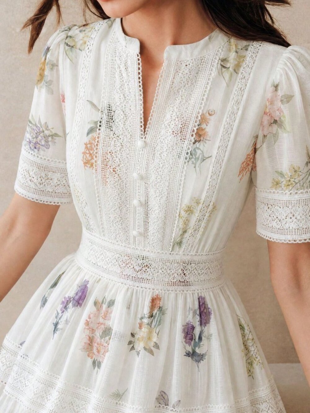 White Boho Women's Floral Print Waist-Cinched Flared Dress - Picture 8 of 8